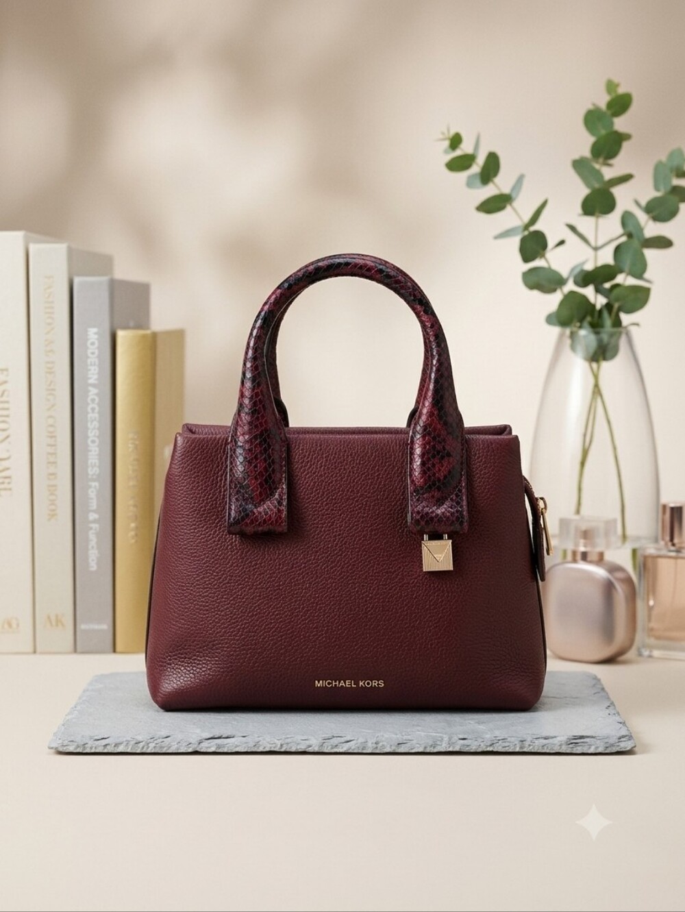 Michael Kors Rollins Small Python Embossed Leather Satchel In Oxblood